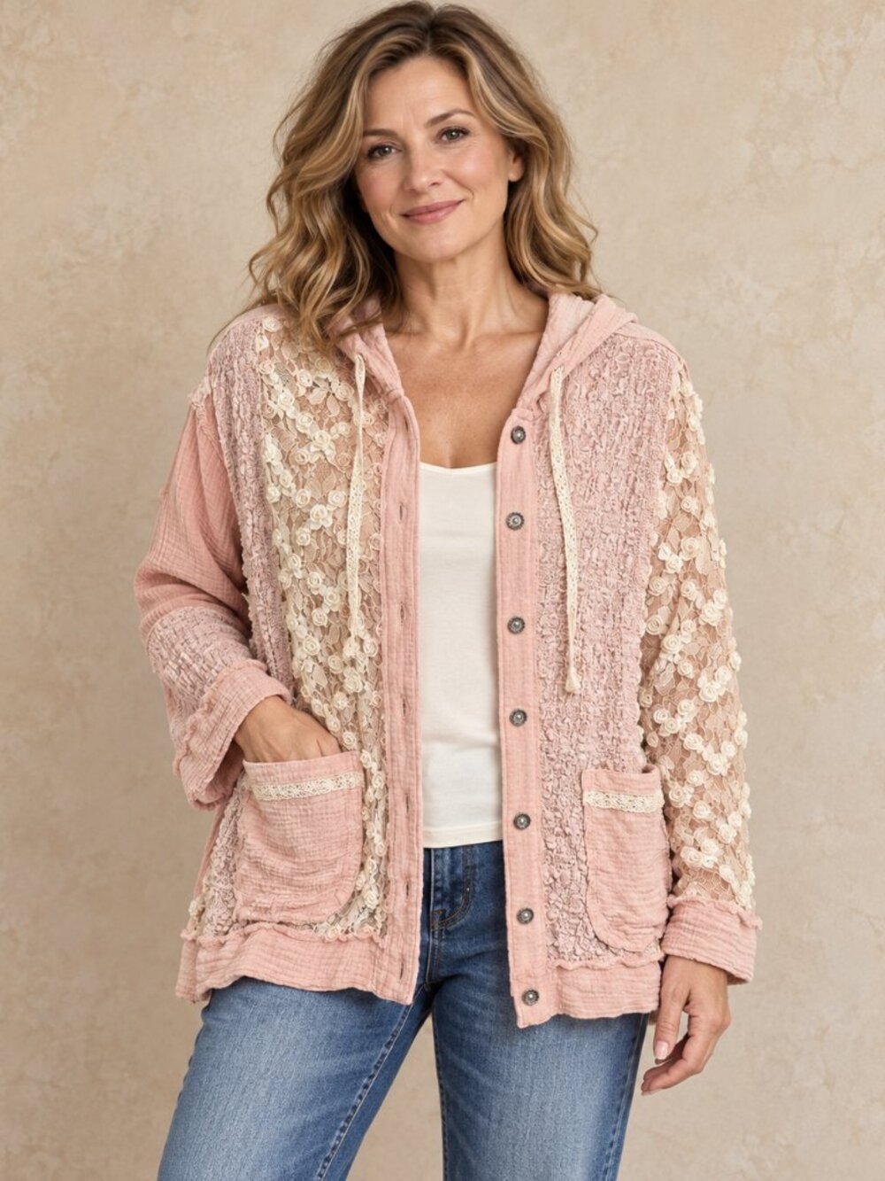 POL Pink Lace Rosette Patchwork Hooded Jacket Boho Small